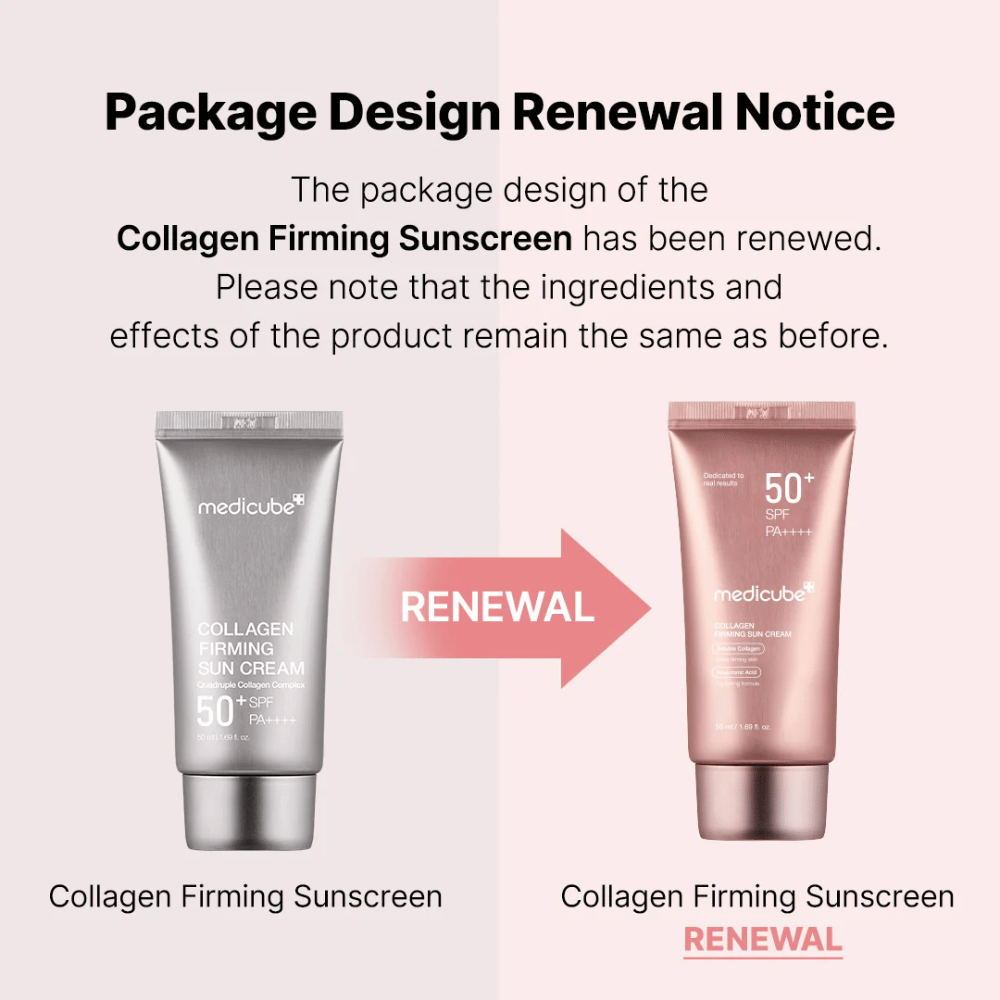 Medicube Collagen Firming Sunscreen on saanut uuden pakkausdesignin – hopeavärisestä tuubista ruusukultaiseen, samoilla ainesosilla ja vaikutuksella kuin aiemmin.