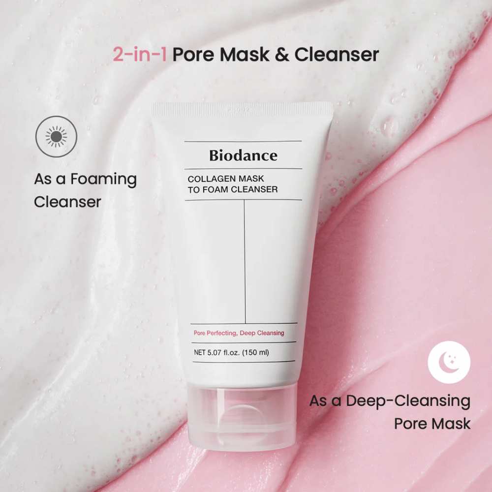 Kuva Biodance Collagen Mask to Foam Cleanser sijoitettuna vaaleanpunaisen ja valkoisen puhdistustekstuurin päälle. Tuotetta kuvataan 2-in-1 huokosia puhdistavana naamiona ja vaahtoavana puhdistuksena.