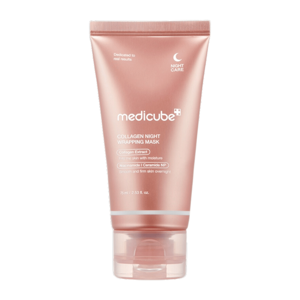 Medicube Collagen Night Wrapping Mask, yönaamio kollageeniuutteella, joka kosteuttaa ja vahvistaa ihoa yön aikana. Sisältää niasiiniamidia ja keramidi NP:tä tasaisemman ja kiinteämmän ihon saavuttamiseksi. Sisältö: 75 ml.