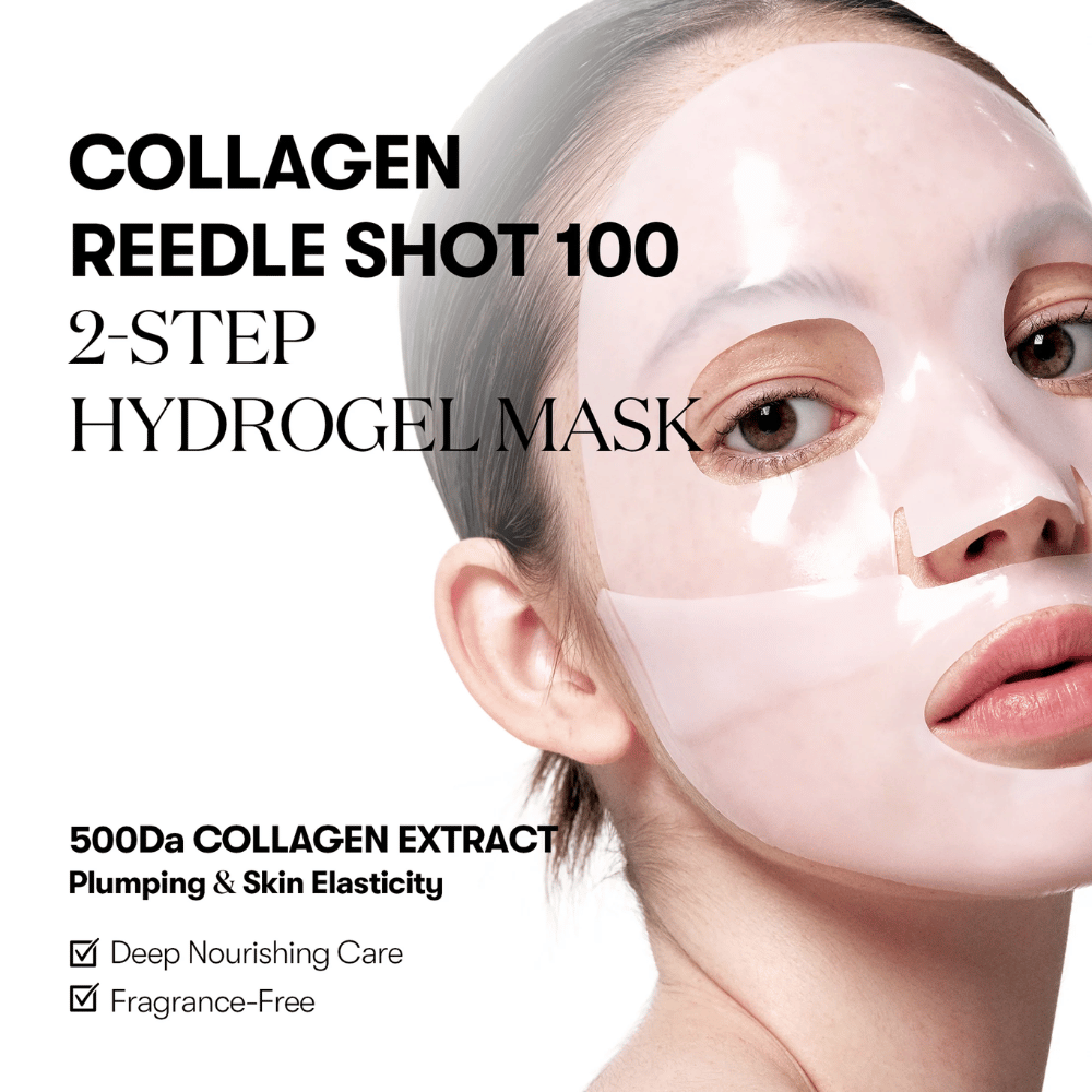 Lähikuva naisesta, joka käyttää läpinäkyvää 2-vaiheista hydrogeelinaamiota. Kuvassa oleva teksti mainostaa "Collagen Reedle Shot 100" 500Da kollageeniuuttella ihon kimmoisuutta varten, ja että tuote on hajusteeton ja tarjoaa syvää ravintoa.