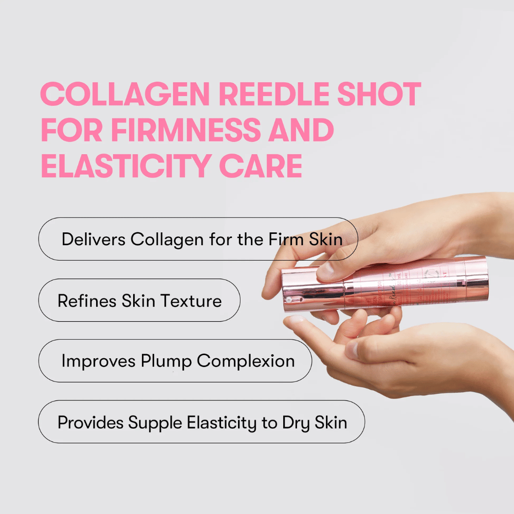 Henkilö pitelee VT Collagen Reedle Shot 100. Seerumi vahvistaa ihon kiinteyttä, parantaa tekstuuria ja antaa täyteläistä elastisuutta.