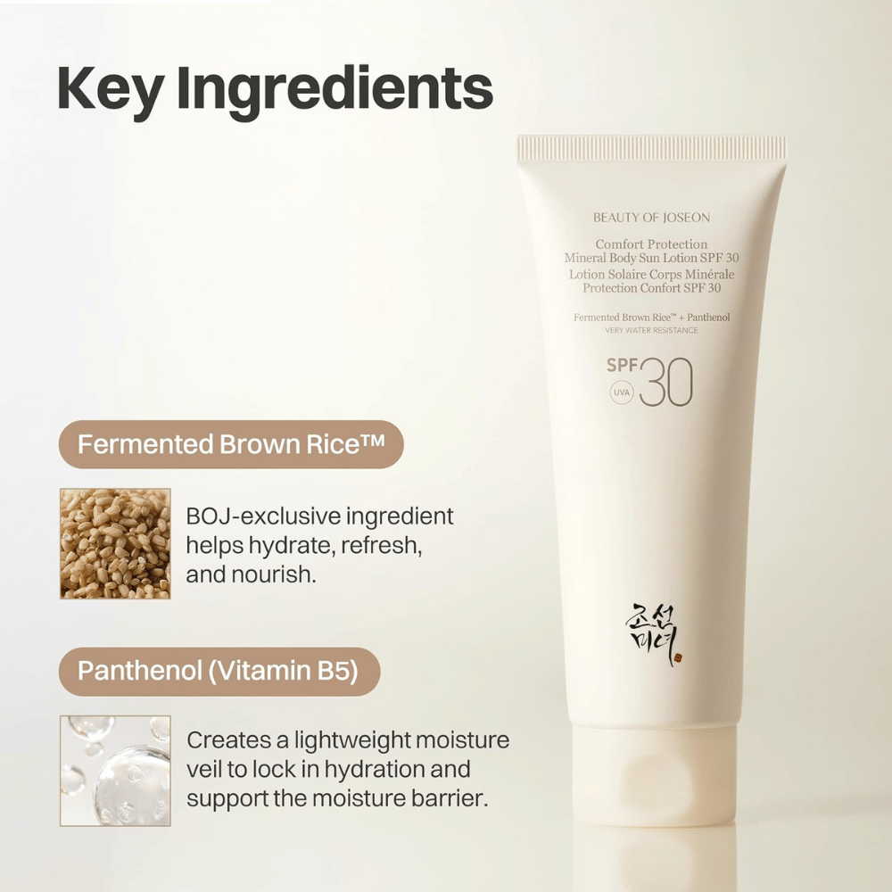 Beauty of Joseon Comfort Protection Mineral Body Sun Lotion SPF30 fermentoidulla ruskealla riisillä ja pantenolilla