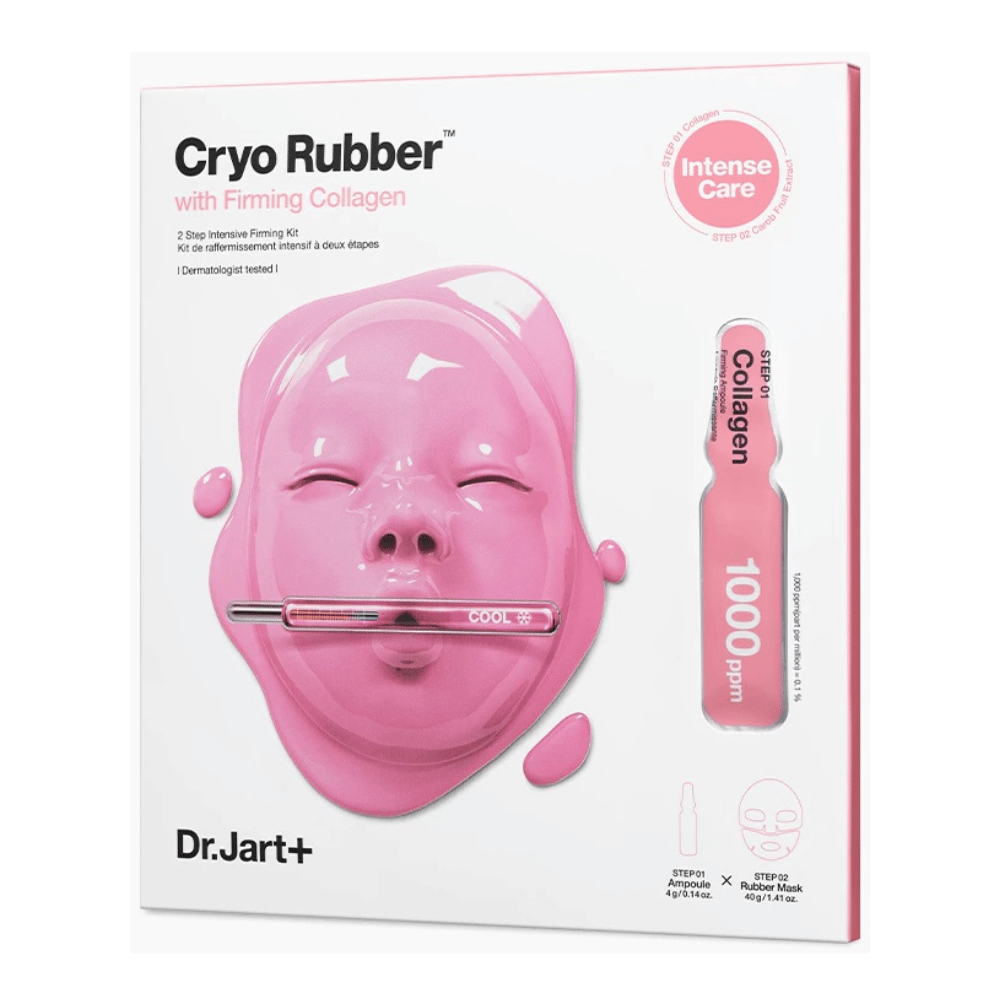 Kuva Dr.Jart+:n Cryo Rubber™ Firming Collagen -tuotteesta, jossa näkyy vaaleanpunainen kasvonaamio ja sisällön kuvaus.