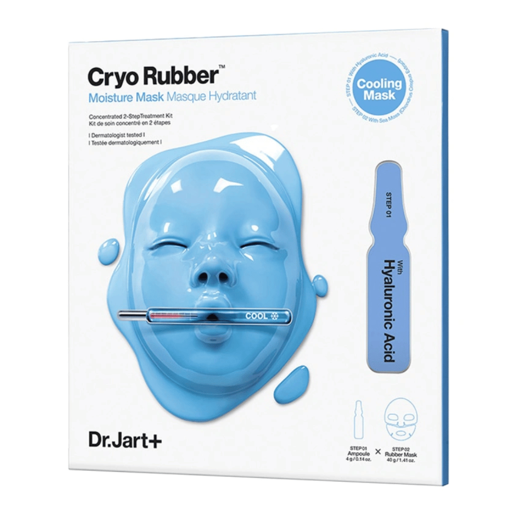 Pakkaus Dr.Jart+ Cryo Rubber Moisture Mask sinisellä kasvonaamiolla ja hyaluronihappoampullilla, merkitty "Cooling Mask" ja käyttöohjeet vaiheittain.