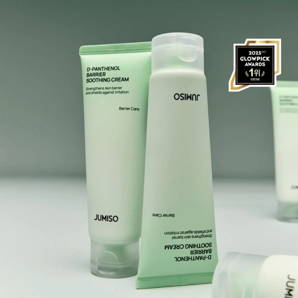 Jumiso D-Panthenol Barrier Soothing Cream tuubissa korkilla, kuvattu sivulta Glowpick Awards 2025 -logolla.