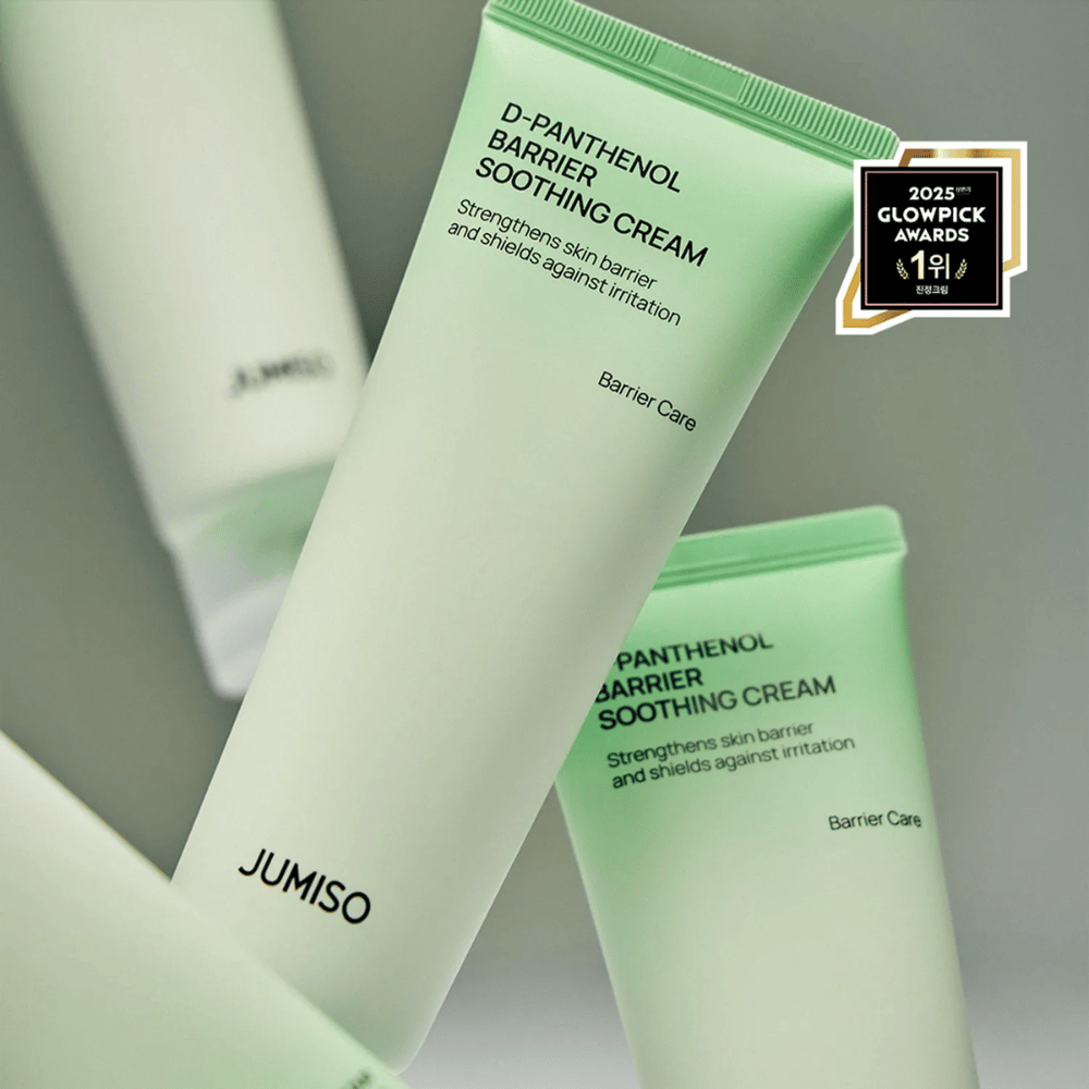 Lähikuva Jumiso D-Panthenol Barrier Soothing Cream vihreässä tuubissa, Glowpick Awards 2025 -voittaja.