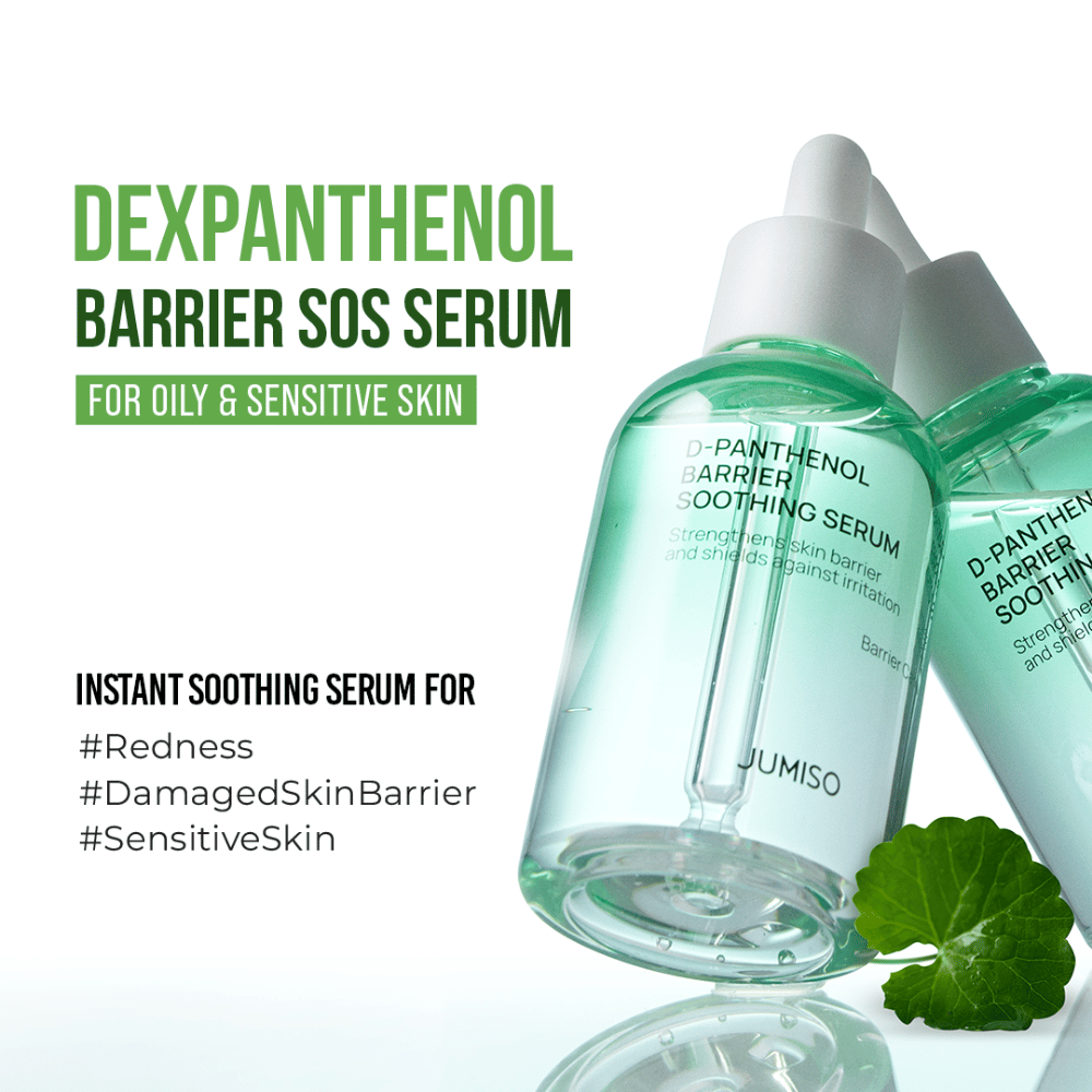 Tuotekuva Jumiso D-Panthenol Barrier Soothing Serum tekstillä SOS-vaikutuksesta herkälle iholle, punoitukseen ja vaurioituneelle ihon suojakerrokselle.