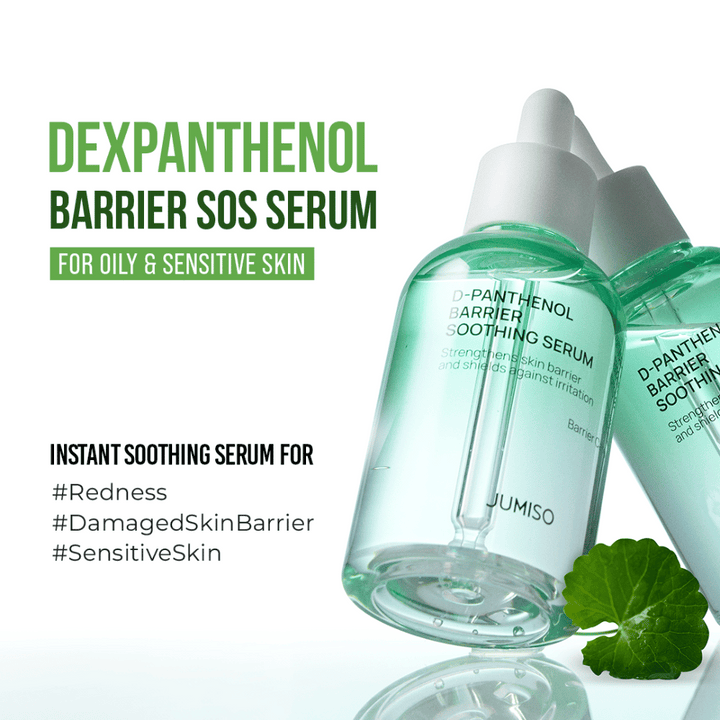 Produktbild på Jumiso D-Panthenol Barrier Soothing Serum med text om SOS-effekt för känslig hud, rodnad och skadad hudbarriär.