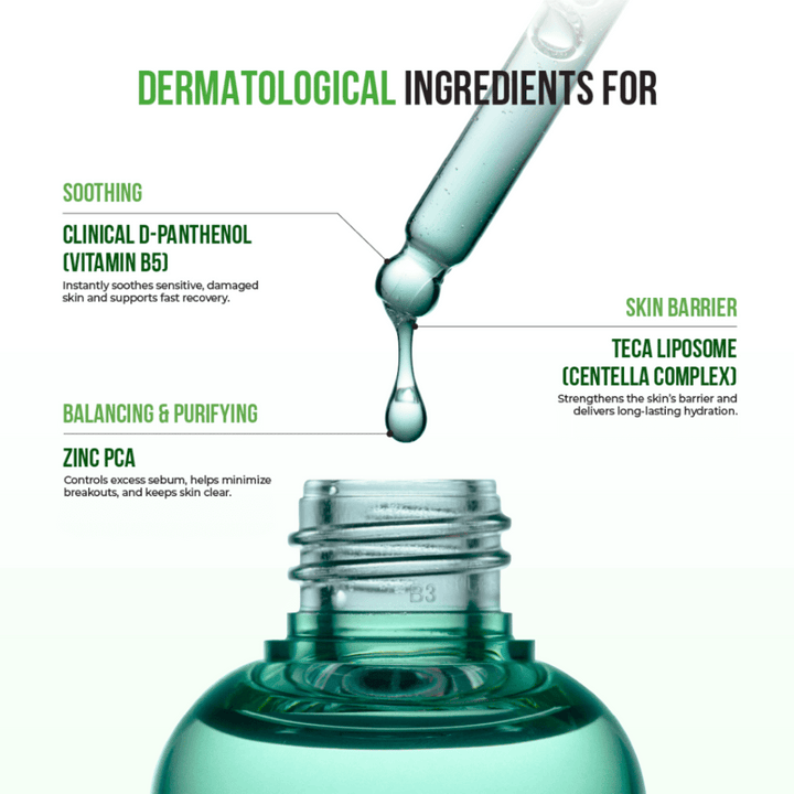 Närbild på pipett med droppande serum, markerade ingredienser som D-Panthenol, Zinc PCA och Centella Complex för hudbarriär och återfuktning.