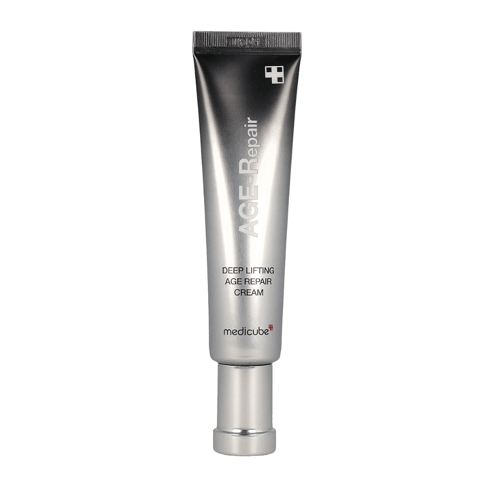 Tuotekuva Medicube Deep Lifting Age Repair Cream hopeisessa tuubissa valkoisella taustalla.