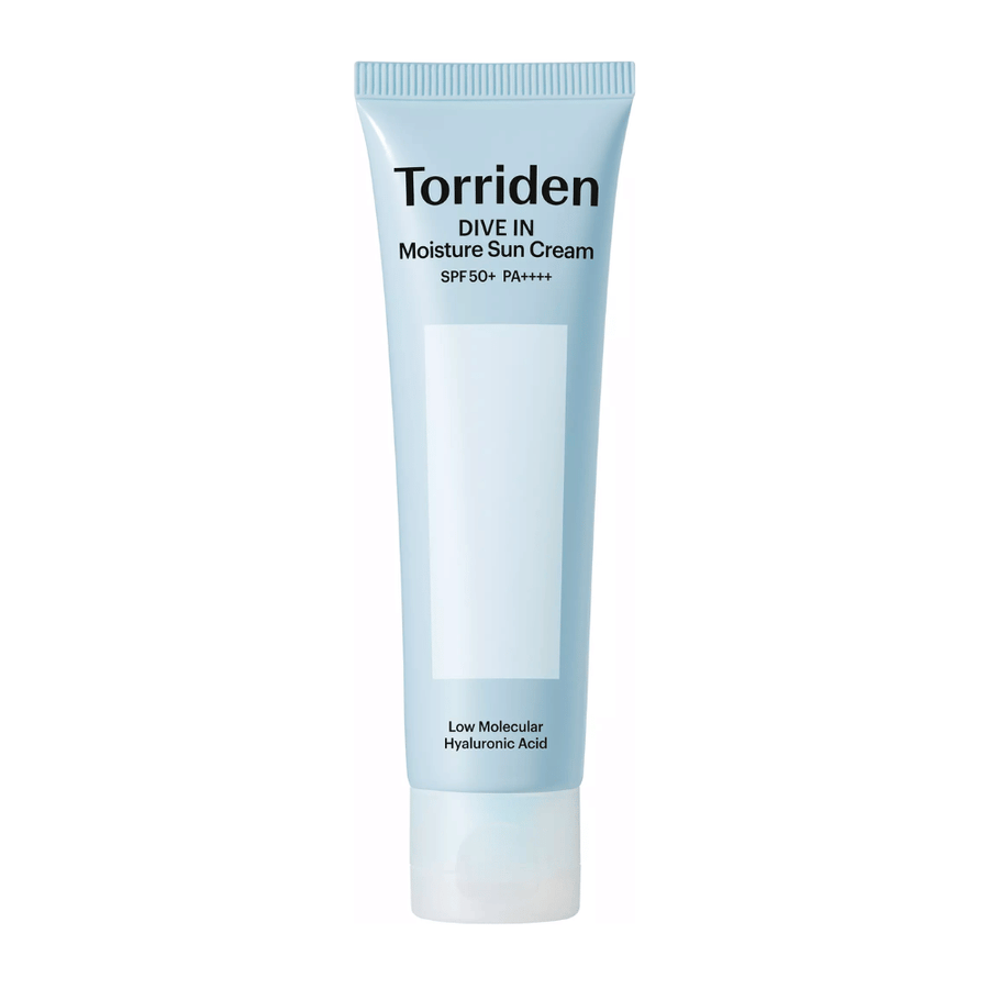 Torriden DIVE-IN Moisture Sun Cream SPF50+ PA++++ tuotekuva valkoisella taustalla, sisältää matalamolekyylistä hyaluronihappoa intensiiviseen kosteutukseen ja UV-suojaukseen.