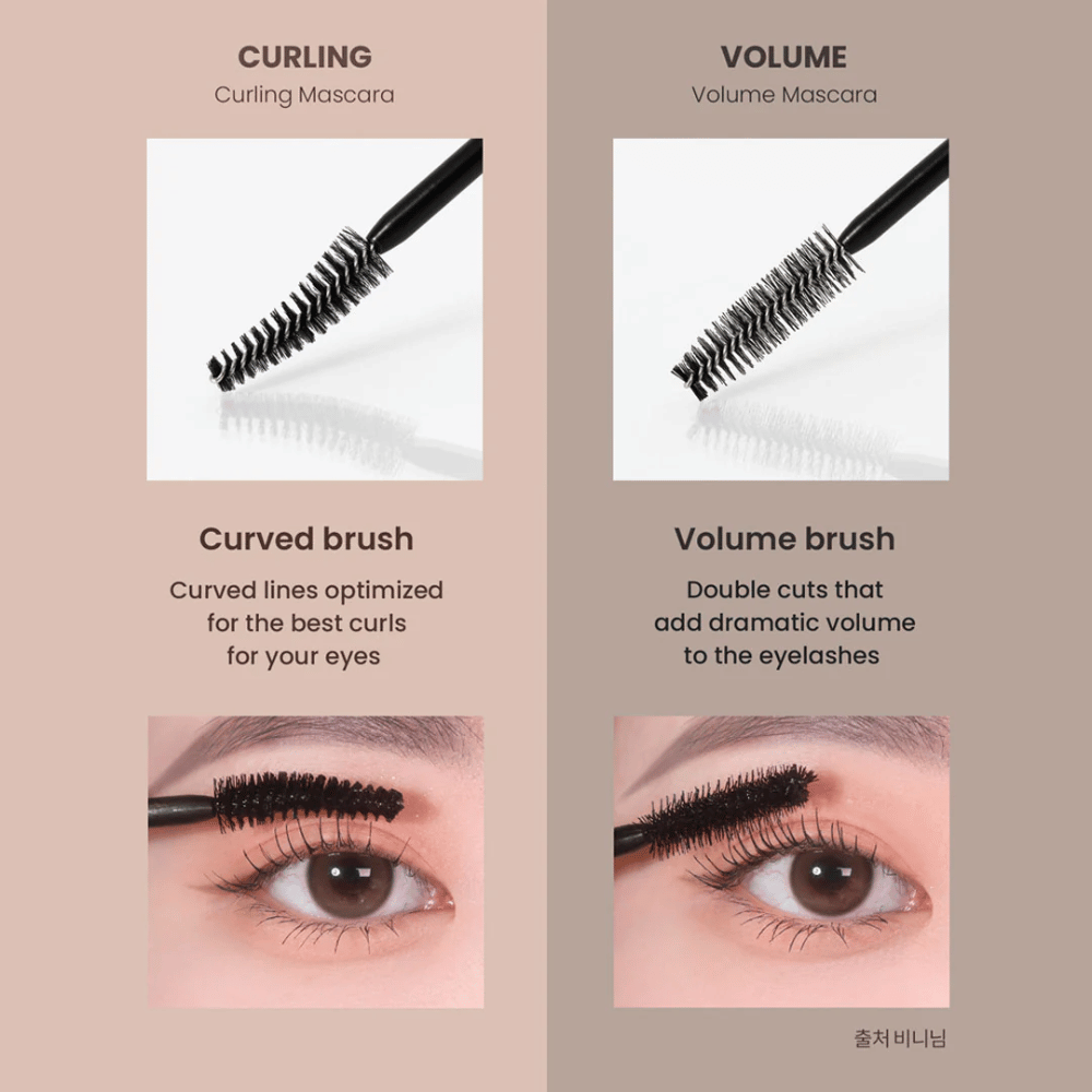 Vertailu Heimish Dailism Smudge Stop Mascara Kiharruksen ja Volyymin välillä, joka osoittaa eron kaarevien ripsien ja intensiivisen volyymin välillä.