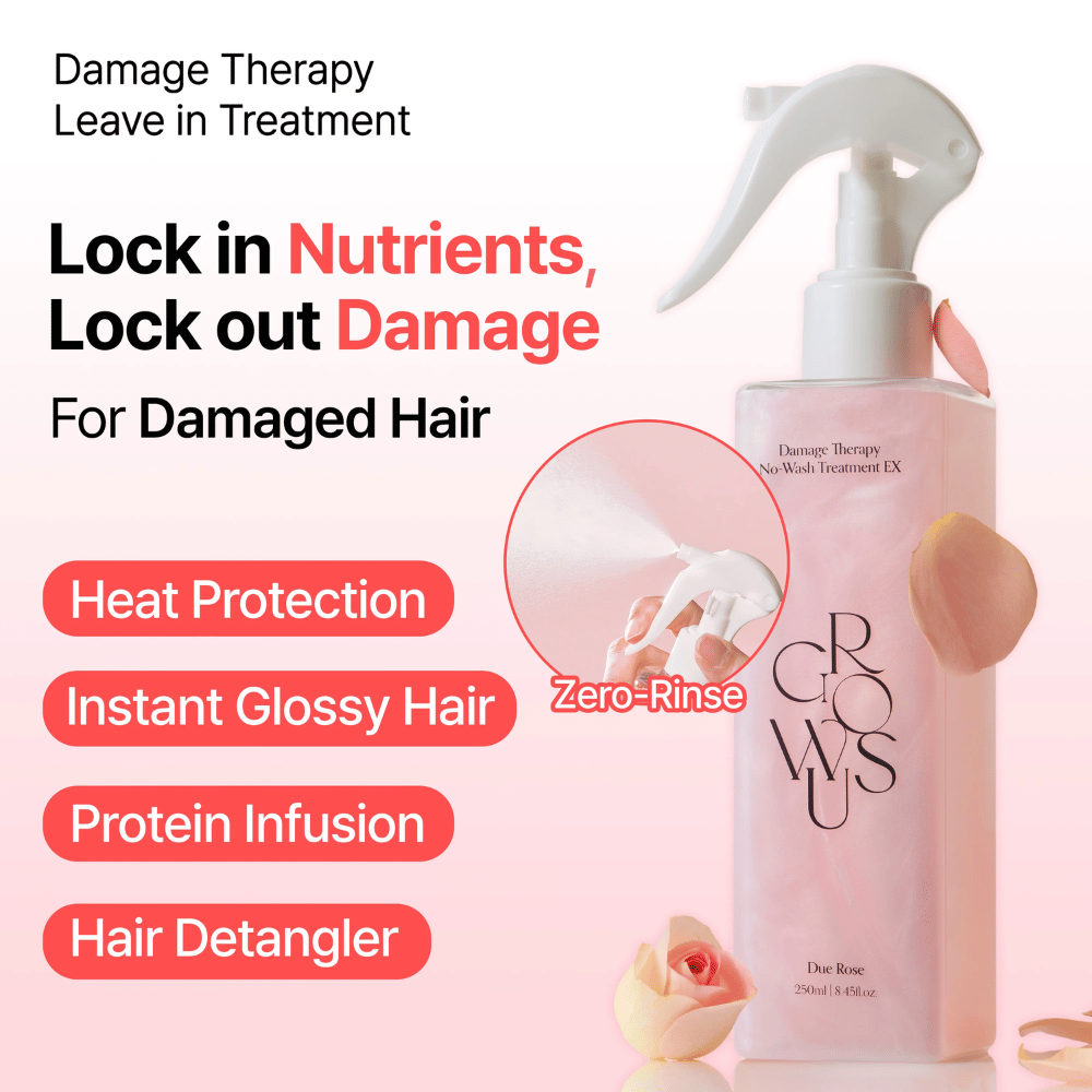 Kampanjakuva tuotteesta GROWUS Damage Therapy No-Wash Treatment EX, jossa keskitytään lämpösuojaan, kiiltoon, proteiinihoitoon ja selvittävään vaikutukseen vaurioituneille ja kuiville hiuksille.