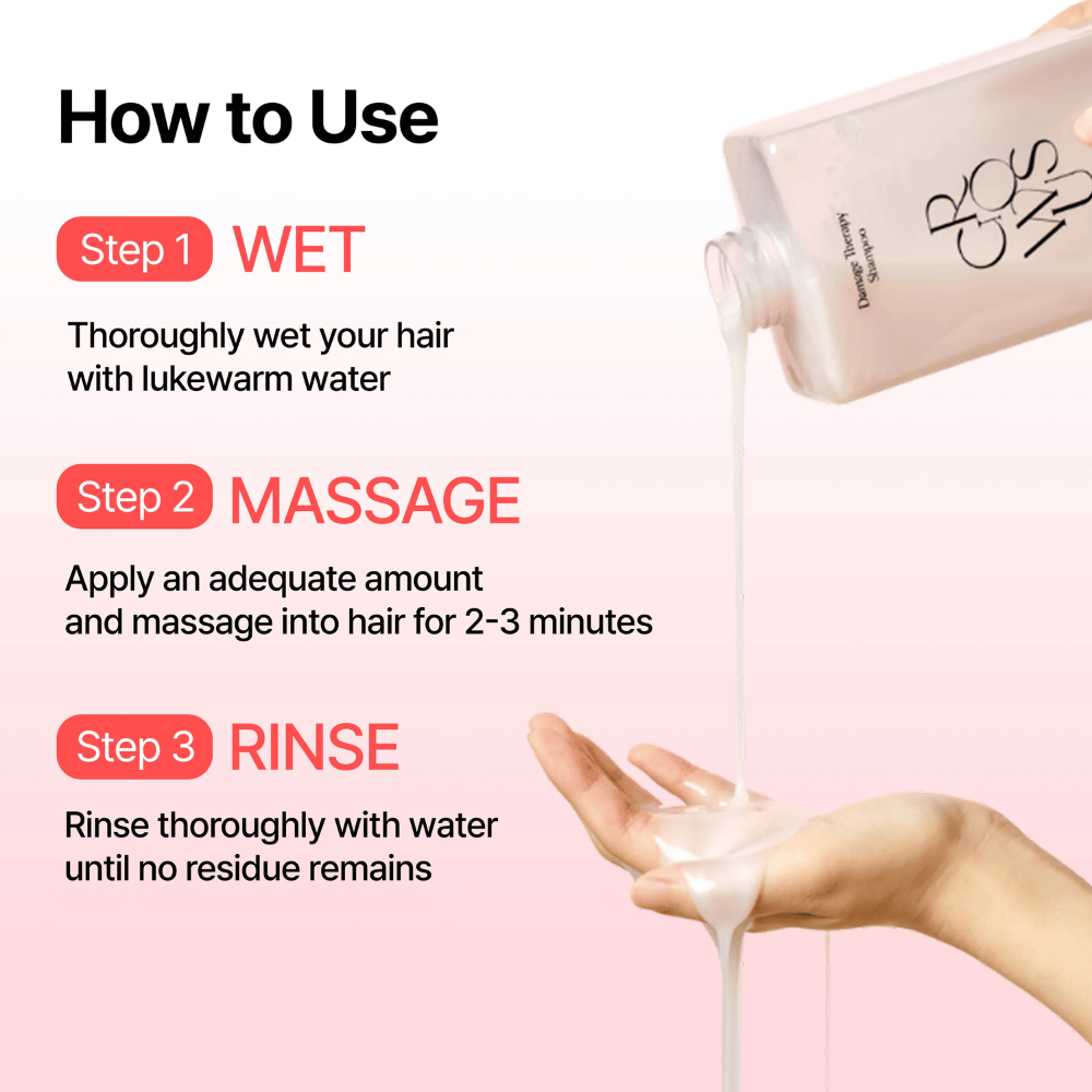Näin käytät tuotetta GROWUS Damage Therapy Shampoo EX vaurioituneiden hiusten puhdistamiseen ja korjaamiseen