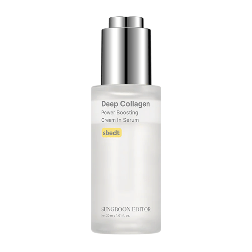Deep Collagen Power Boosting Cream in Serum tyylikkäässä läpinäkyvässä pullossa, jossa on hopeakorkki. Kollageenirikas tuote, joka antaa täyteläisemmän ihon.