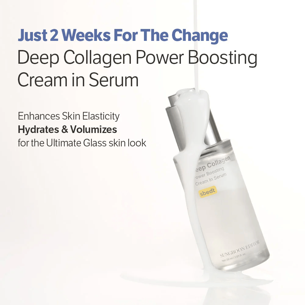 Sungboon Editor Deep Collagen Power Boosting Cream in Serum peitettynä valuvalla voiteella. Tuote, joka kosteuttaa, vahvistaa kimmoisuutta ja antaa lasimaisen ihon.