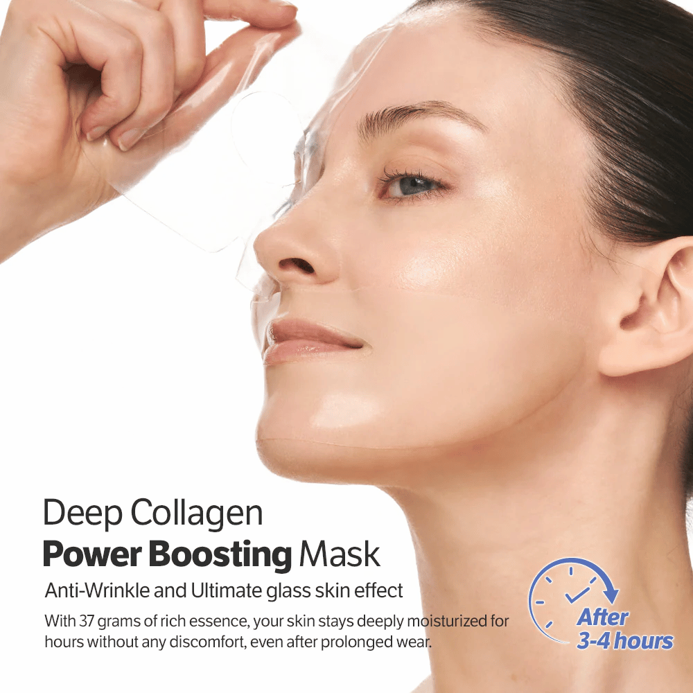 Nainen levittää Sungboon Editor Deep Collagen Power Boosting Mask, anti-age Sheet mask, joka kosteuttaa ja antaa lasimaisen ihon.