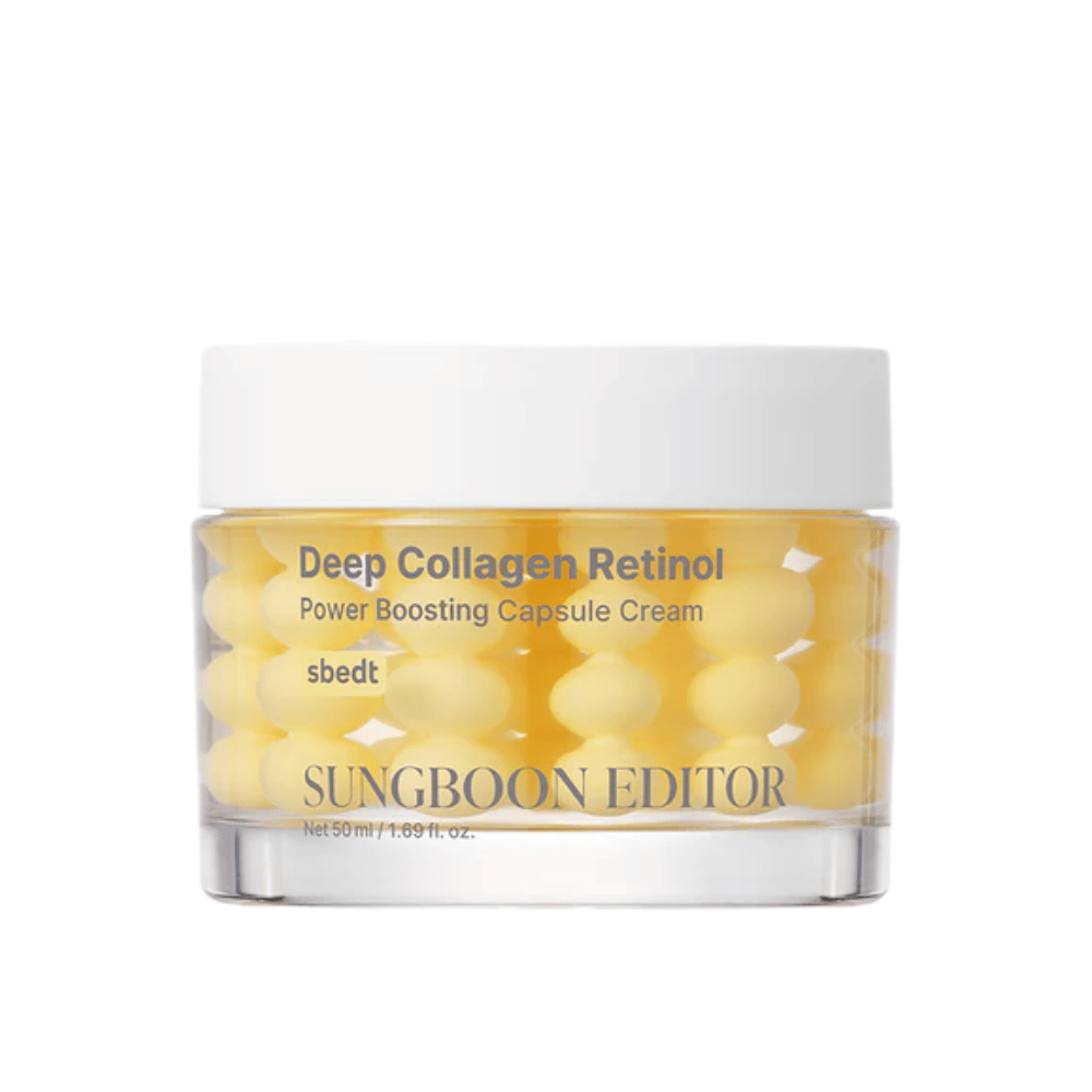 Sungboon Editor Deep Collagen Retinol Capsule Cream lasipurkissa keltaisilla kapseleilla. Tehokas ikääntymistä estävä voide retinolilla ja kollageenilla.