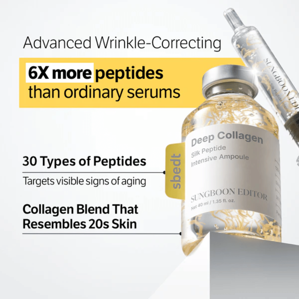 SUNGBOON EDITOR Deep Collagen Silk Peptide Intensive Ampoule – edistynyt seerumi kollageenin ja peptidien kanssa, jotka auttavat parantamaan ihon kiinteyttä ja vähentämään näkyviä ikääntymisen merkkejä.