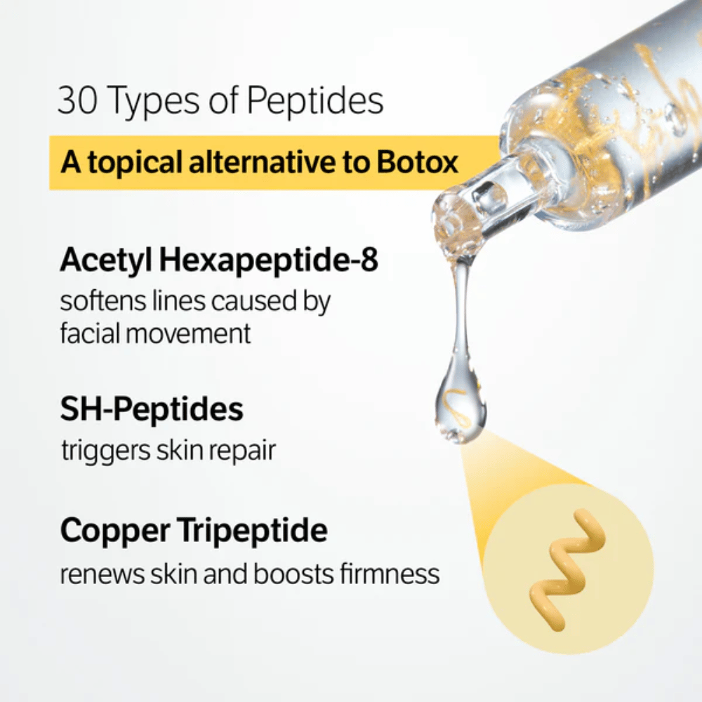 SUNGBOON EDITOR Deep Collagen Silk Peptide Intensive Ampoule 30 tyyppisellä peptidillä, jotka auttavat vähentämään hienoja juonteita, vahvistamaan ihoa ja parantamaan ihon rakennetta.