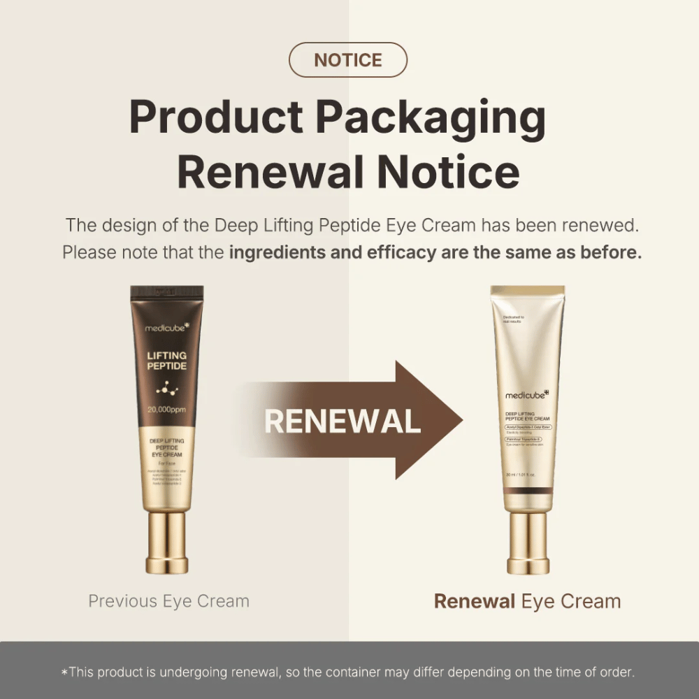 Medicube Deep Lifting Peptide Eye Cream – uusi pakkaus, sama tehokas peptidikaava, joka kohottaa ja kiinteyttää silmien ympärillä olevaa ihoa.