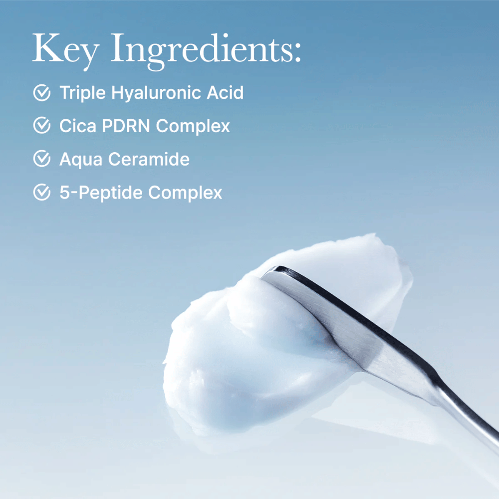 Tärkeimmät ainesosat Arencia Deep Water Surge Soothing Cream kolmoishyaluronihapolla, Cica PDRN, aqua-keramidilla ja 5-peptidikompleksilla intensiiviseen kosteutukseen ja ihon suojan tukemiseen.