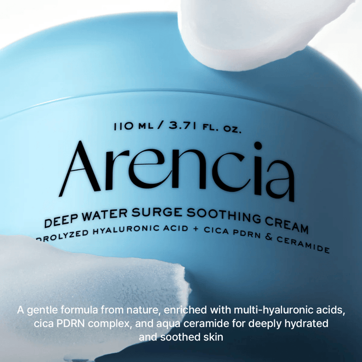 Arencia Deep Water Surge Soothing Cream hyaluronihapolla, Cica PDRN ja keramideilla – rauhoittava kasvovoide, joka kosteuttaa syvältä ja vahvistaa ihon suojakerrosta herkälle ja kuivalle iholle.