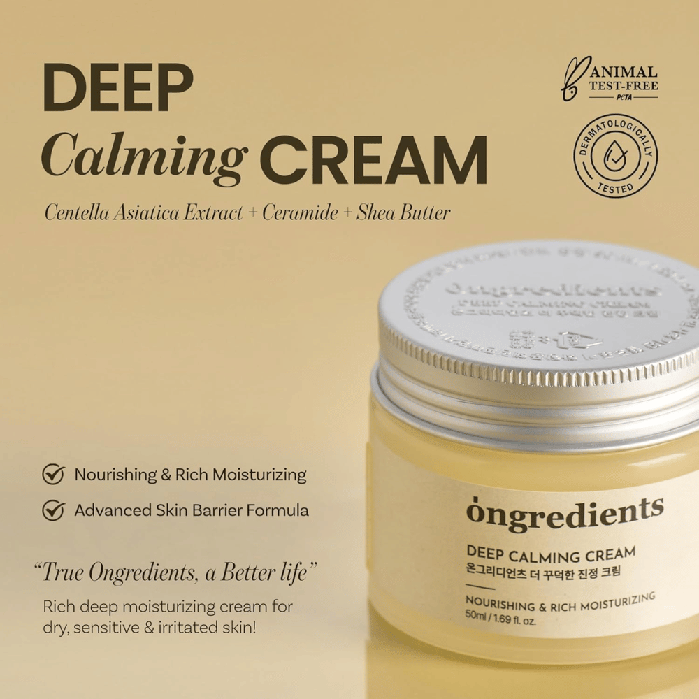 Ongredients Deep Calming Cream – dermatologisesti testattu, cruelty-free kasvovoide kuivalle, herkälle ja ärtyneelle iholle.