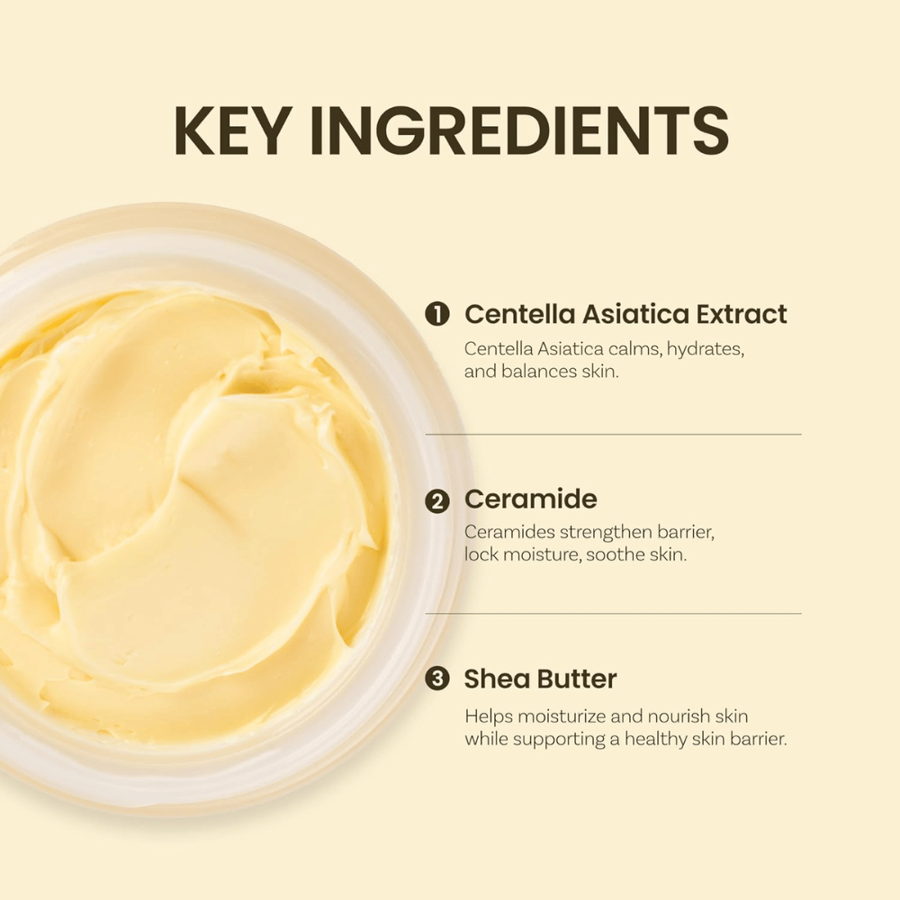 Tärkeimmät ainesosat Ongredients Deep Calming Cream: Centella Asiatica, keramidit ja sheavoi, jotka kosteuttavat ja tasapainottavat ihoa.