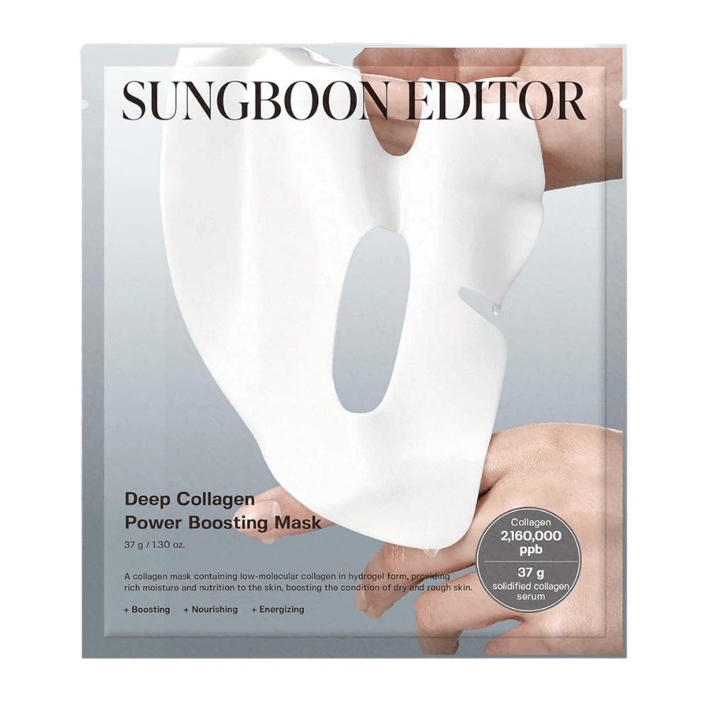 Sungboon Editor Deep Collagen Power Boosting Mask 37 g, kollageeni Sheet mask hopeapakkauksessa, joka kosteuttaa, vahvistaa ja ravitsee ihoa.
