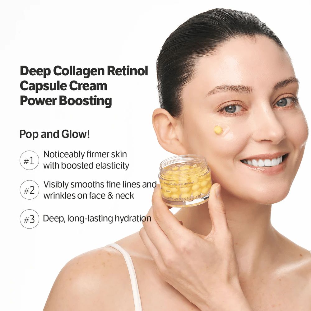 Hymyilevä henkilö levittää Sungboon Editor Deep Collagen Retinol Capsule Cream poskelle. Voide, joka kiinteyttää ihoa ja tasoittaa juonteita.