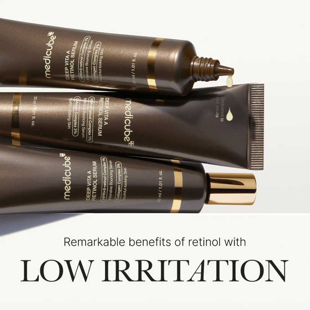 Kolme tuubia Medicube Deep Vita A Retinol Serum seerumitipoilla, korostaa retinolin etuja vähäisellä ärsytyksellä.