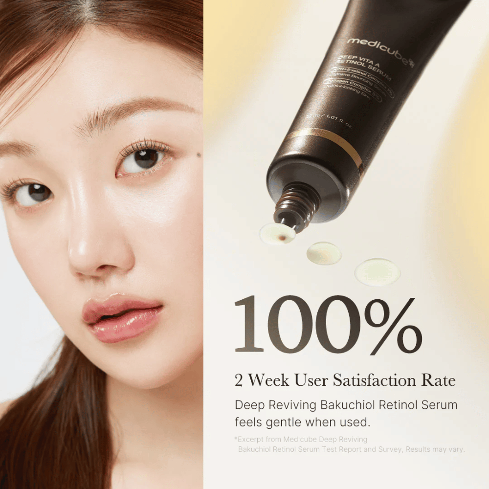 Mainoskuva Medicube Deep Vita A Retinol Serum tuotteesta, jossa on lähikuva naisesta, tuotetuubista ja teksti, joka osoittaa 100 % käyttäjätyytyväisyyden kahden viikon jälkeen.