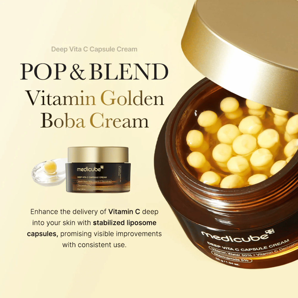"Medicube Deep Vita C Capsule Cream" pakkauksen, C-vitamiinilla rikastetun voiteen, joka sisältää stabiloituja liposomikapseleita tehokkaaseen ihon läpäisyyn. Teksti "POP & BLEND Vitamin Golden Boba Cream" korostaa tuotteen ominaisuuksia, ja visuaalinen esitys näyttää kapselit, jotka lupaavat näkyviä parannuksia jatkuvalla käytöllä.