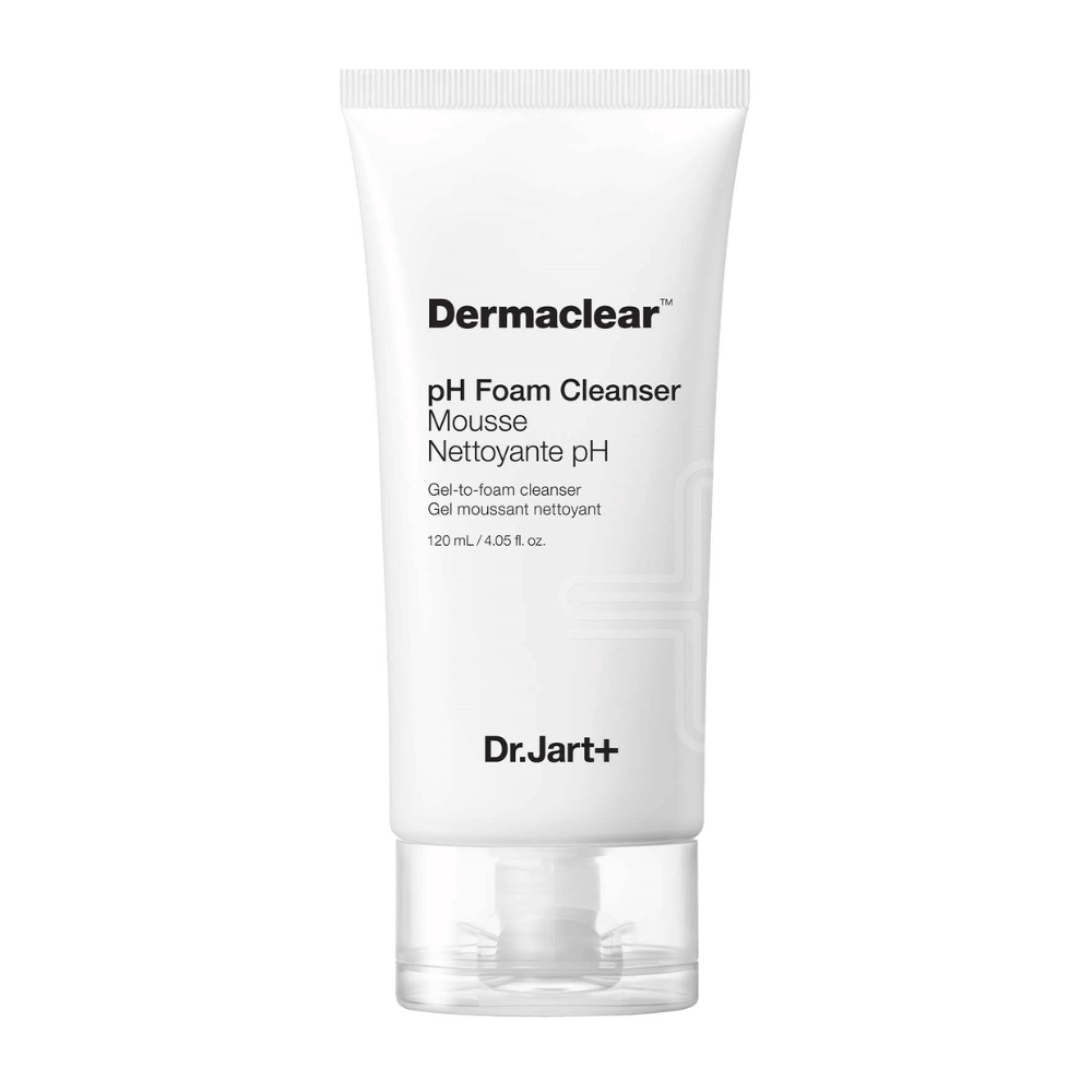 Valkoinen Dr.Jart+ Dermaclear pH Foam Cleanser -putki mustalla tekstillä, pystyasennossa valkoista taustaa vasten.