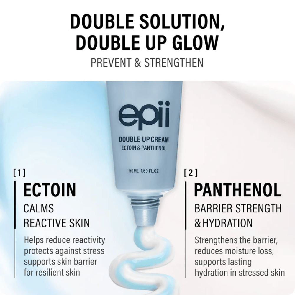 EPII Double Up Cream, jossa on ektoiinia ja pantenolia – kosteuttava kasvovoide, joka rauhoittaa ihoa, vahvistaa ihon suojamuuria ja antaa pitkäkestoista kosteutusta.