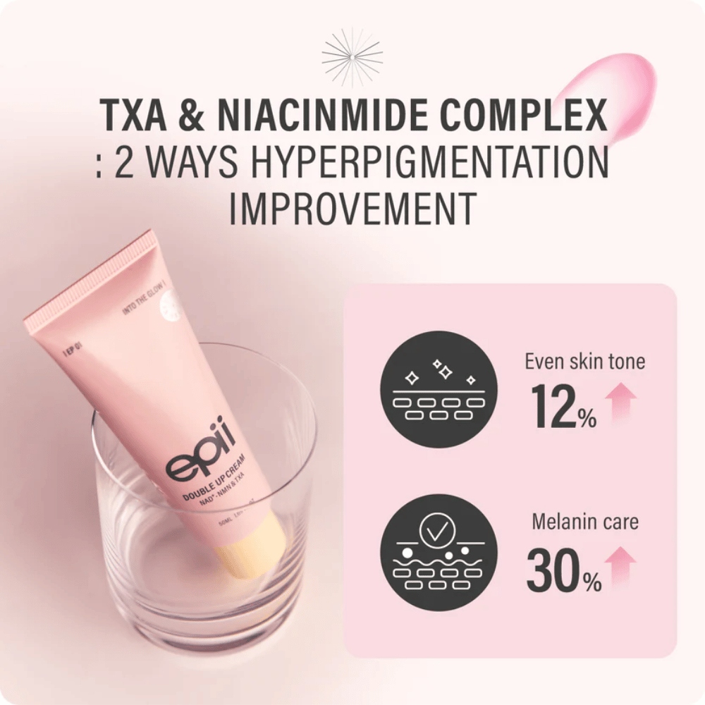 EPII Double Up Cream, jossa on NAD+, NMN, traneksaamihappoa ja niasiiniamidia, jotka auttavat tasoittamaan ihon sävyä ja vähentämään näkyvää pigmenttihäiriö.