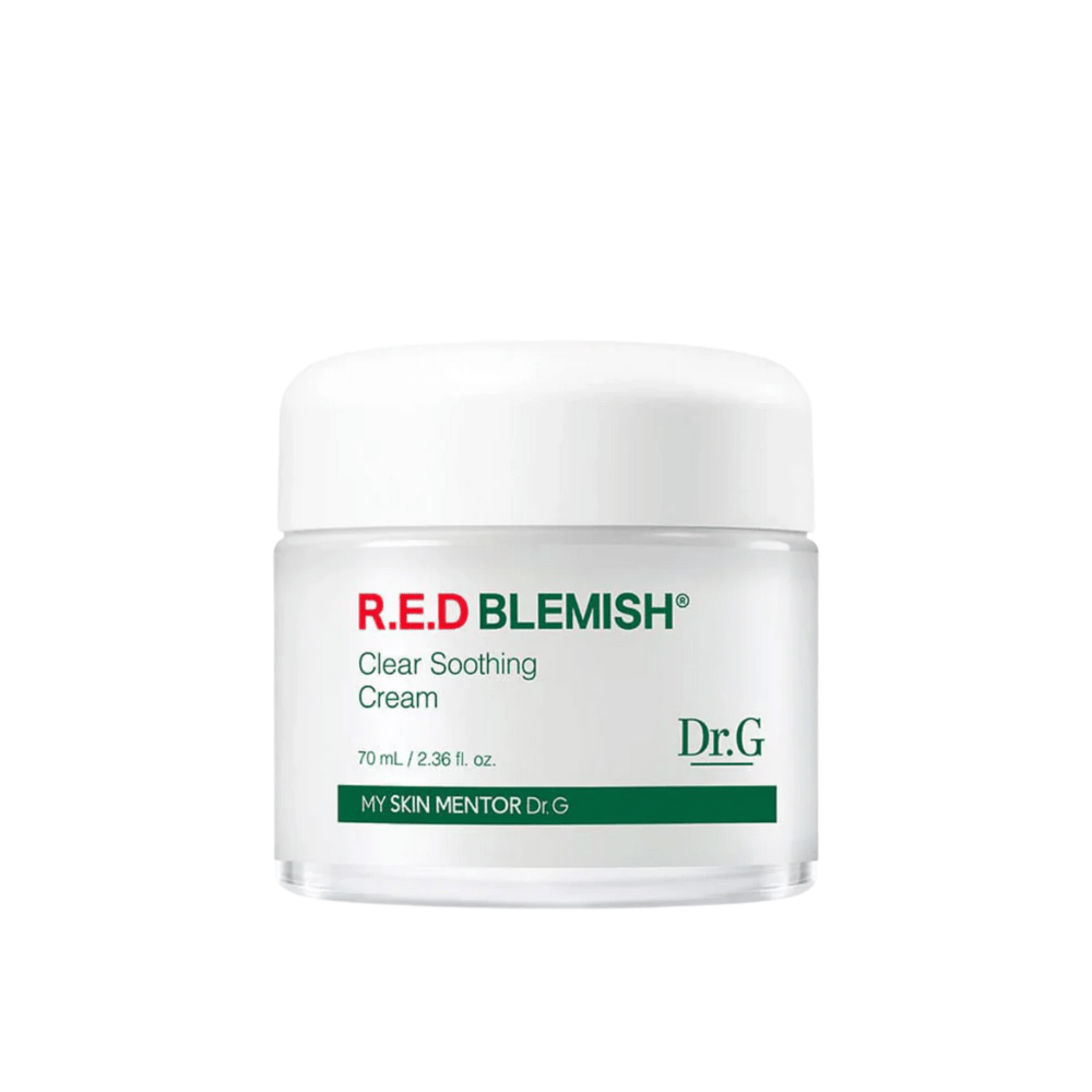 Dr.G R.E.D Blemish Clear Soothing Cream on mieto ja kosteuttava voide, joka lievittää punoitusta ja ärsytystä. Koostumus sisältää Centella Asiaticaa ja hyaluronihappoa vahvistamaan ihon suojamuuria ja palauttamaan tasapainon. Sopii täydellisesti herkälle ja akneen taipuvaiselle iholle.