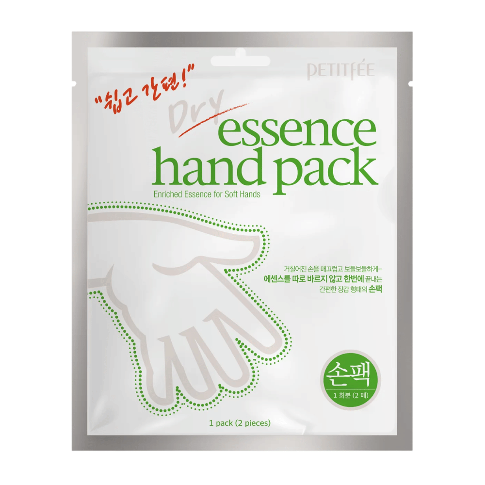 PETITFEE Dry Essence Hand Pack hoitava käsinaamio, jossa on sheavoita, ureaa ja hyaluronihappoa intensiiviseen kosteutukseen