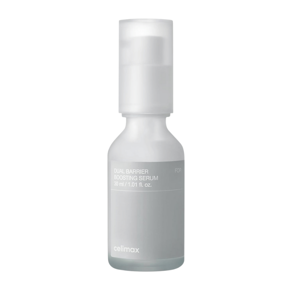 Celimax Dual Barrier Boosting Serum tuotekuva valkoisella taustalla, korealainen seerumi herkälle ja kuivalle iholle.