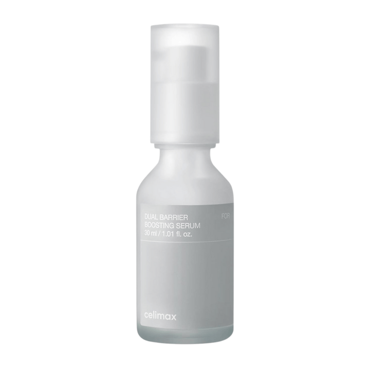 Celimax Dual Barrier Boosting Serum tuotekuva valkoisella taustalla, korealainen seerumi herkälle ja kuivalle iholle.