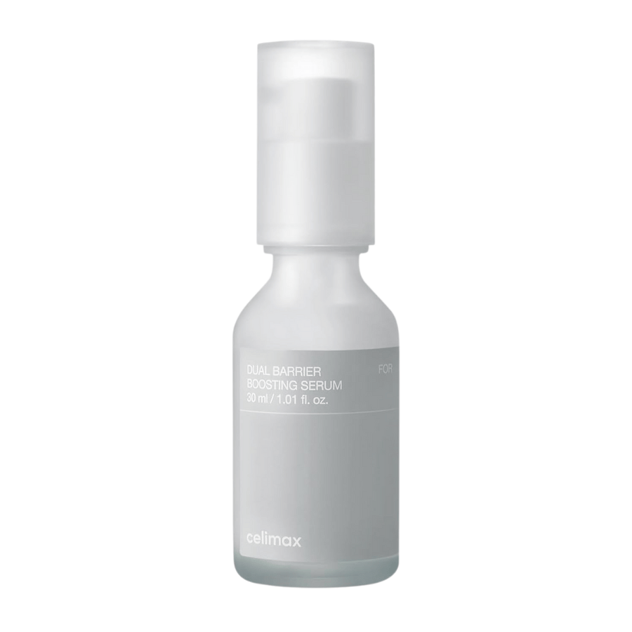 Celimax Dual Barrier Boosting Serum tuotekuva valkoisella taustalla, korealainen seerumi herkälle ja kuivalle iholle.