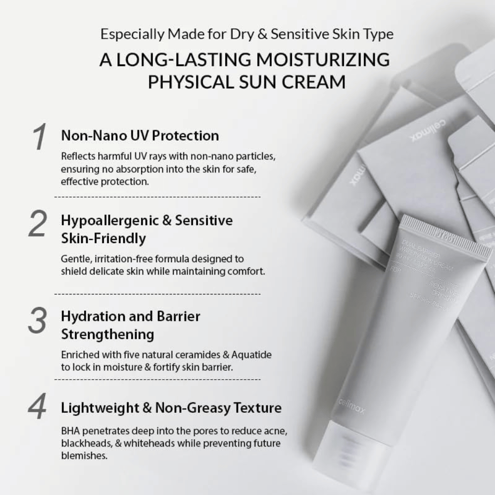 Celimax Dual Barrier Watery Sun Cream SPF50+ PA++++ fysikaalisella UV-suodattimella, viidellä keramidiilla ja Aquatidella, joka kosteuttaa ja vahvistaa ihon suojamuuria.