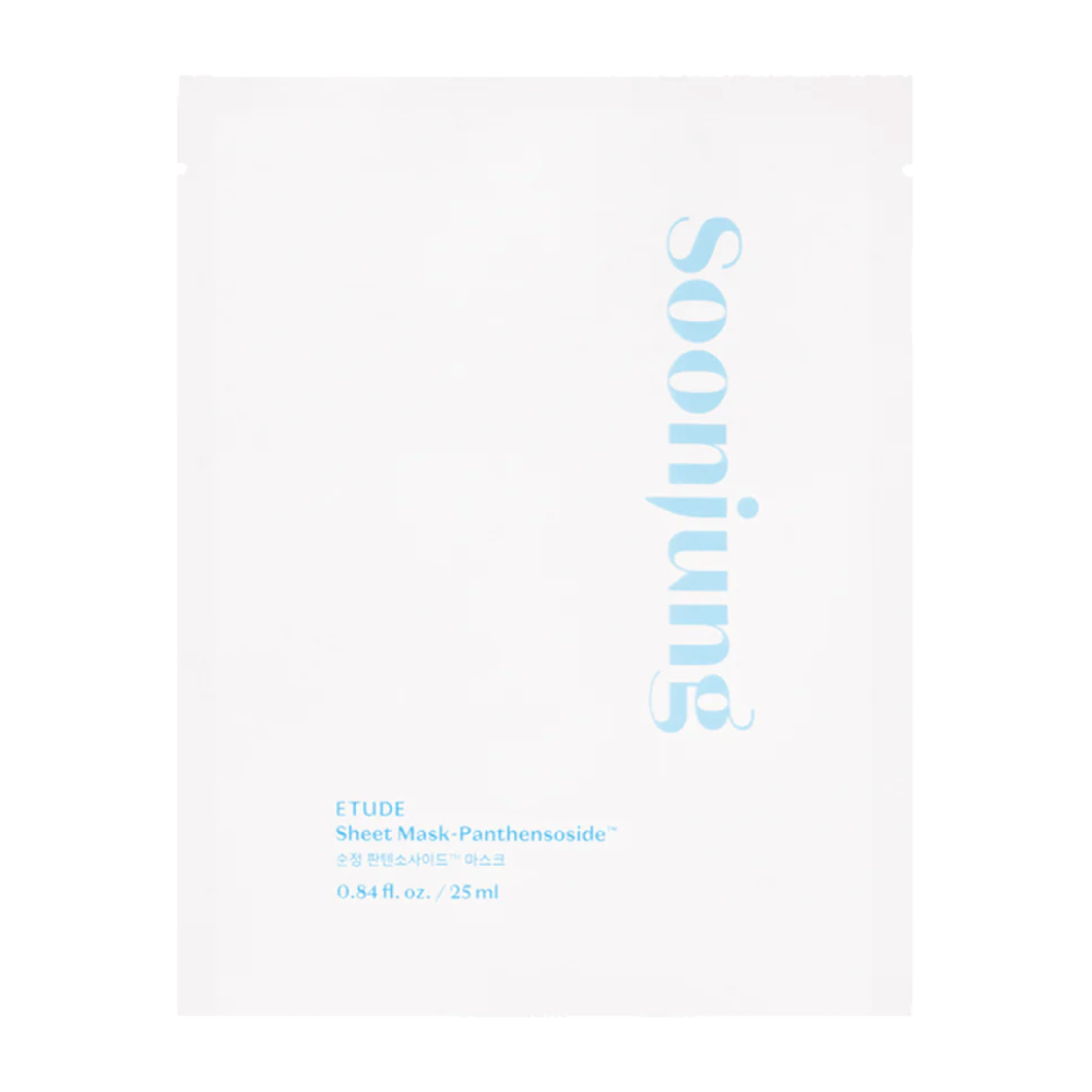 Minimalistinen valkoinen pakkaus ETUDE Soon Jung Panthensoside Sheet Mask. Teksti on vaaleansinisellä sävyllä ja koko on ilmoitettu 0.84 fl. oz. / 25 ml.