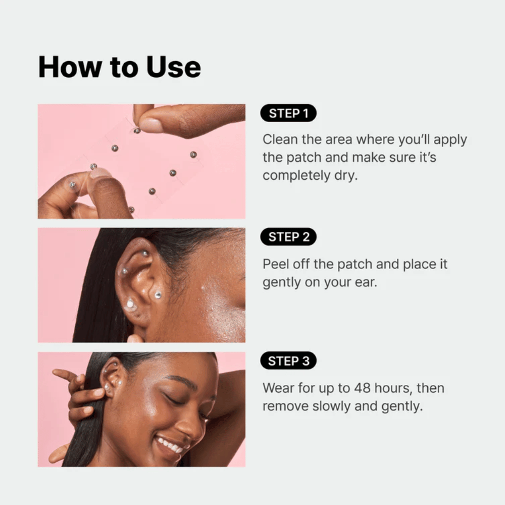 Vaiheittainen opas näyttää, kuinka RETURNITY Ear Therapy Acupressure Patch asetetaan korvaan. Laastarit sijoitetaan valittuihin pisteisiin ja niitä voidaan pitää jopa 48 tuntia.