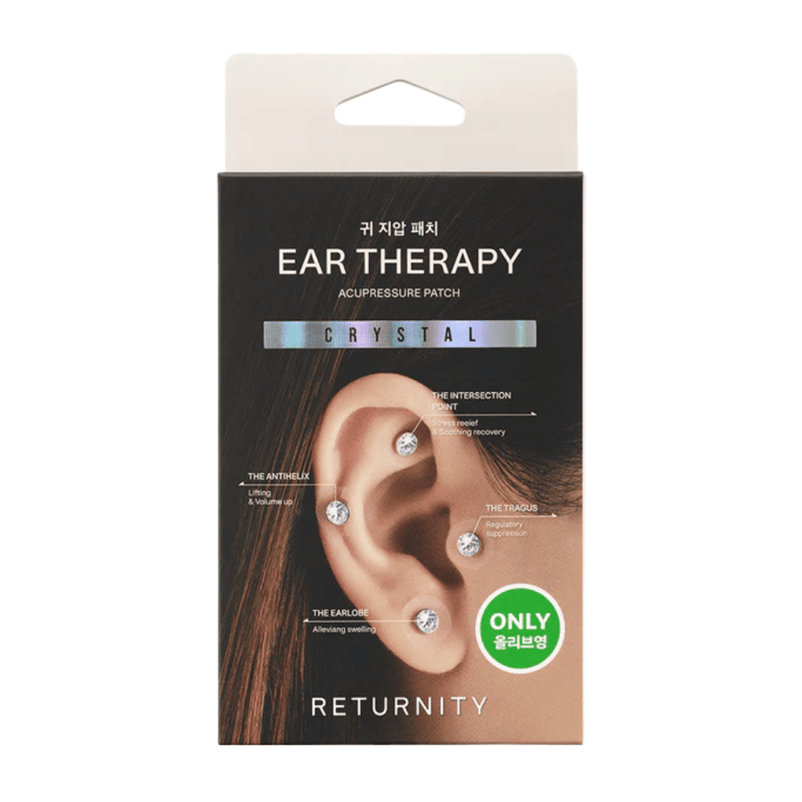Pakkaus tuotteelle RETURNITY Ear Therapy Acupressure Patch Crystal, jossa on koristeellisia kristallipaikkoja korva-akupainantaan ja keskittyminen tiettyihin korvapisteisiin.