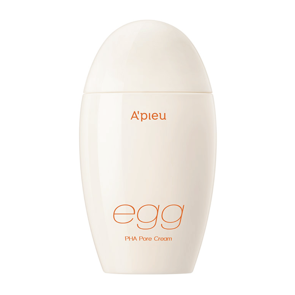 A'pieu Egg PHA Pore Cream munanmuotoisessa, beige pakkauksessa oranssilla tekstillä – korealainen kasvovoide huokosten pienentämiseen ja hellävaraiseen kuorintaan.