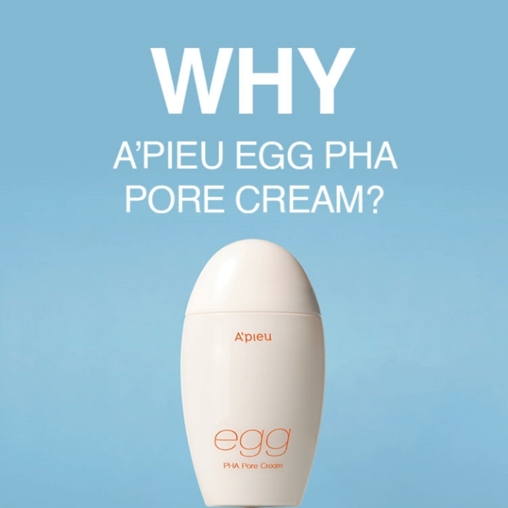 A'pieu Egg PHA Pore Cream munanmuotoisessa pakkauksessa sinisellä taustalla tekstillä "WHY A'PIEU EGG PHA PORE CREAM?", joka tuo esiin tuotteen edut.