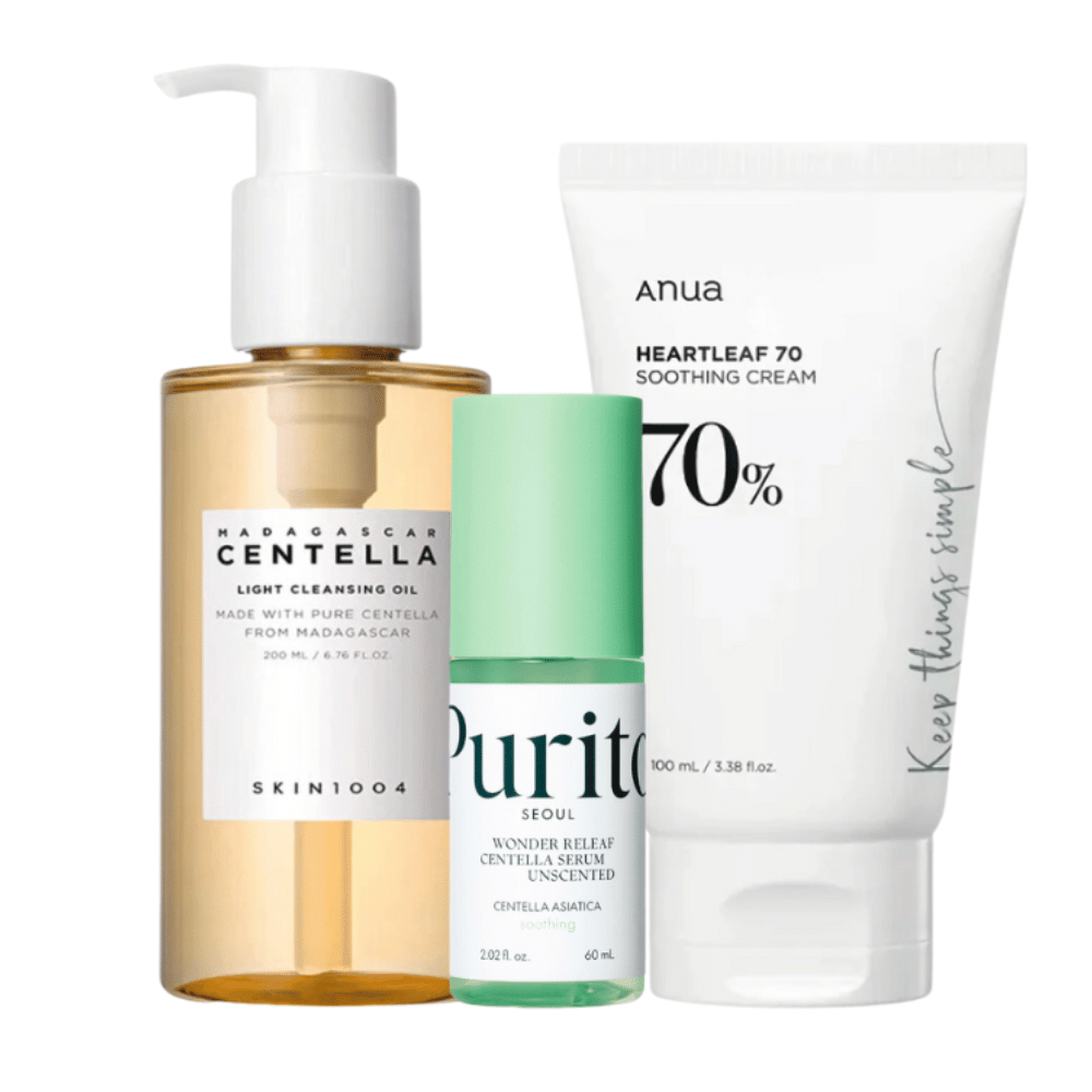 Tämä Ihonhoitosetti sisältää kolme vaihetta säteilevälle iholle: SKIN1004 Madagascar Centella Light Cleansing Oil hellävaraiseen puhdistukseen, Purito Wonder Relief Centella -seerumi kosteutukseen ja Anua Heartleaf 70 Soothing Cream rauhoittavaan hoitoon. Täydellinen päivittäiseen käyttöön.
