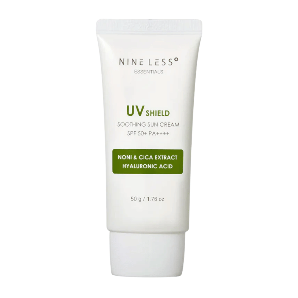 NINE LESS Essentials UV Shield Soothing Sun Cream SPF 50+ PA++++ – kosteuttava aurinkovoide, jossa on nonia, cica-uutetta ja hyaluronihappoa ja joka suojaa ja rauhoittaa ihoa.